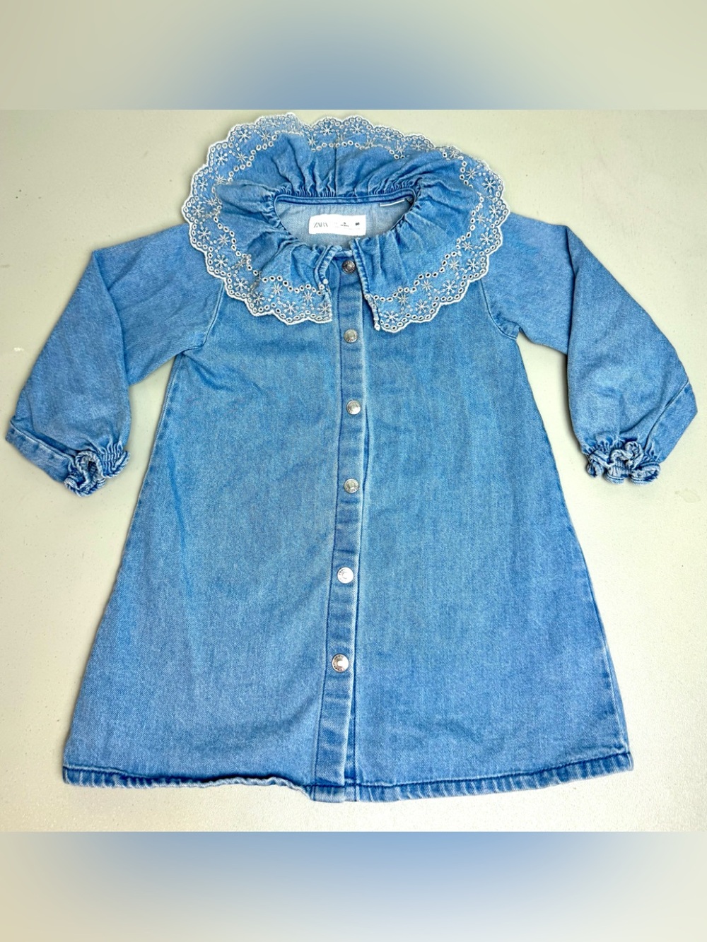 Zara Kids Girls Denim Dress Long Sleeve with Lace Statement Collar Size 3 Years
